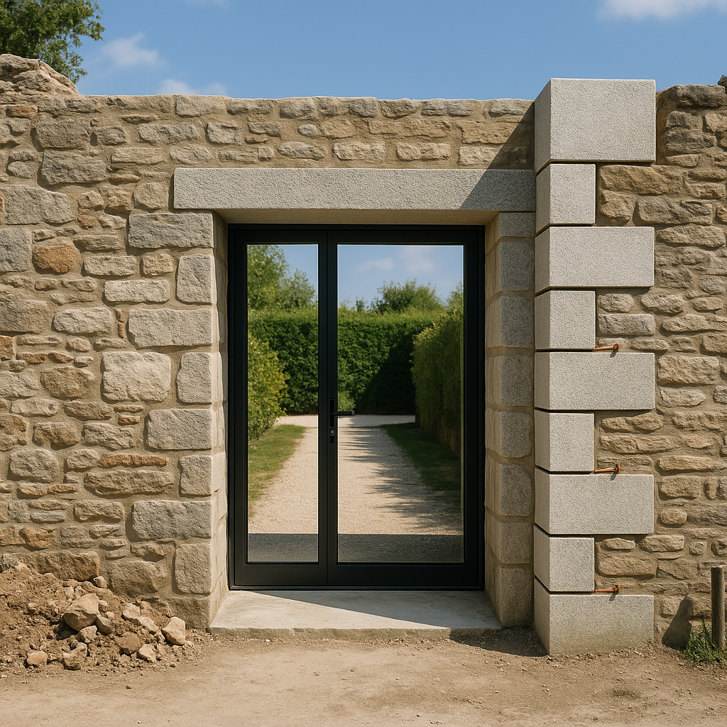 Mur en pierre avec menuiserie moderne